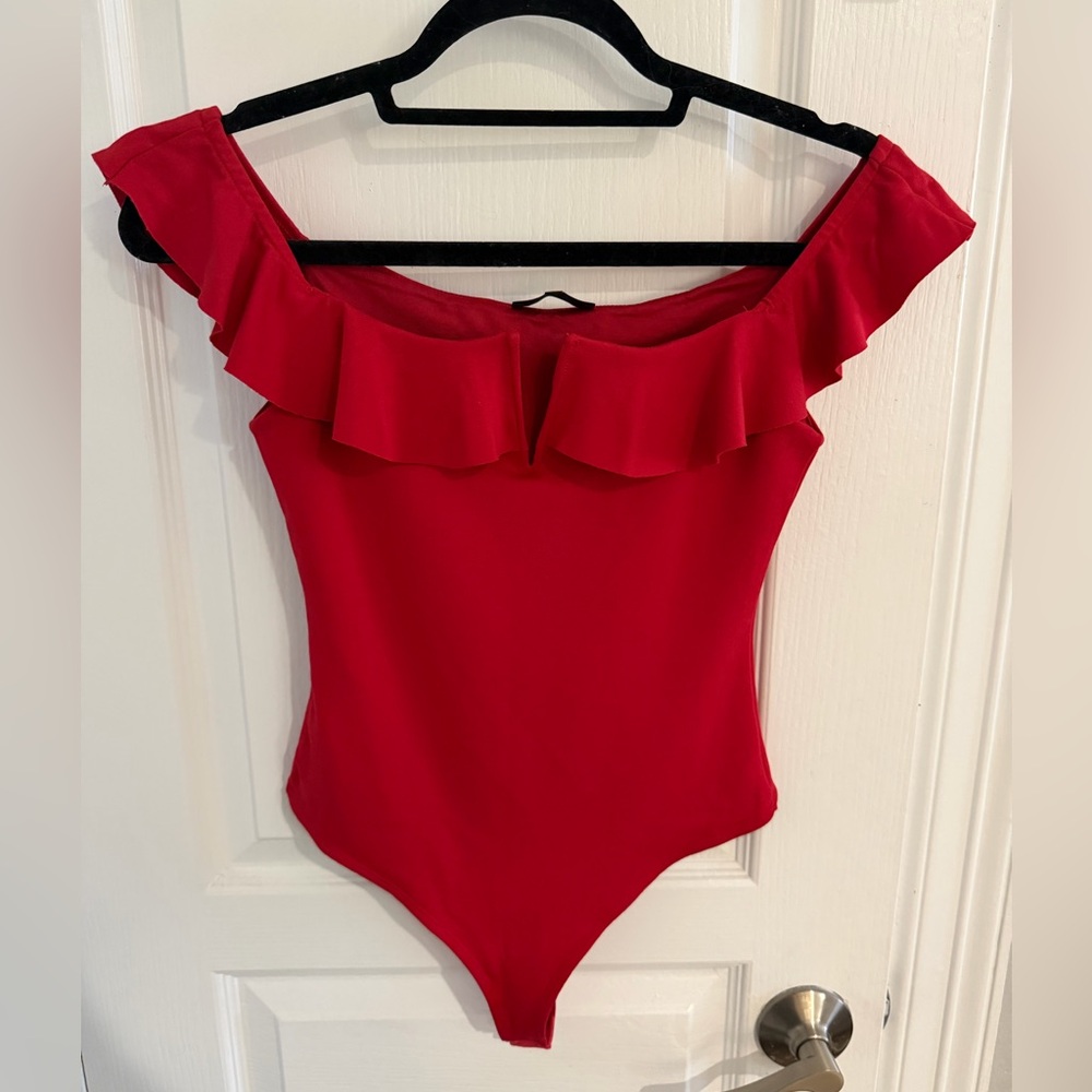 MAJORELLE Red Off-Shoulder Bodysuit